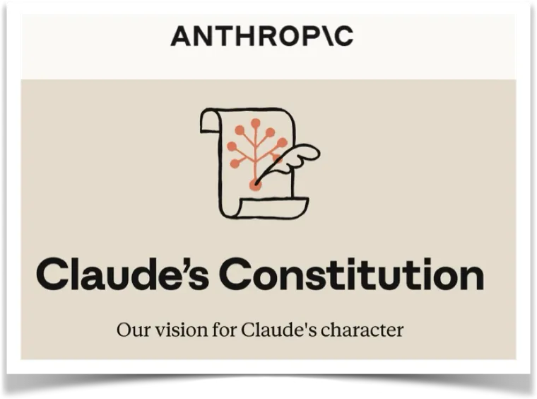 Cover of Anthropic’s Claude’s Constitution document, with a scroll-and-quill sketch and the subtitle ‘Our vision for Claude’s character’